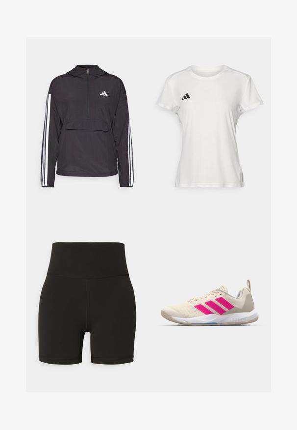 Juodas pūkuotas džemperis, pagamintas iš lengvos medžiagos. Yra pusiau užtraukiama priekyje, su gobtuvu, priekinė kišenė ir balti juosteliai ant rankovių.; Balta sportinė marškinėliai, pagaminti iš drėgmę praleidžiančios medžiagos. Trumpi rankoviai, apvalus iškirpimas, juoda logotipas ir trijų juostų emblema kairėje krūtinės pusėje.; Juodos aukšto juosmens dviratininkų šortai, pagaminti iš elastingos medžiagos, pasižymintys be siūlių dizainu ir siuvinėjimais, baigiasi virš kelių.; Bežiniai sportiniai bateliai su rožinėmis trimis juostomis, tekstūruota tinklelio viršutinė dalis, paminkštinta apykaklė ir balta guma neslystančia padu, turintys "LIGHTSTRIKE" prekės ženklą.