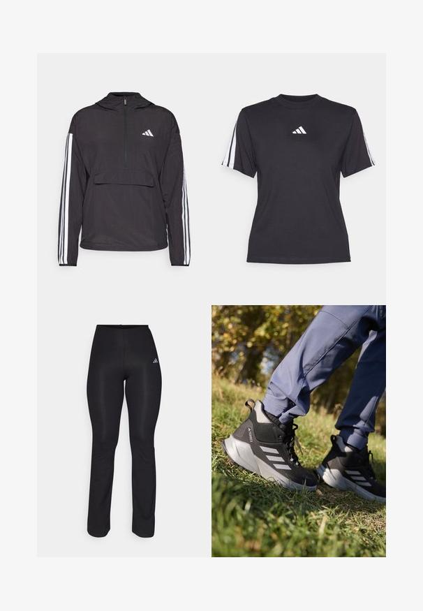 Melns puloveris izgatavots no viegla materiāla. Izturīgs ar pus-izsējo priekšpusi, kapuci, priekšējo kabatu un baltām svītrām uz piedurknēm.; Melnā sporta krekls, izgatavots no mīkstas auduma, ar apaļu kakla izgriezumu, īsām piedurknēm un trim baltām svītrām uz katra pleca. Balts logo uz krūšu daļas.; Melnas sporta bikses ar pieguļošu dizainu, elastīgu jostu un smalku mirdzumu. Uz kreisā gurnu ir neliels balts logotips.; Melnas un pelēkas pārgājienu kurpes ar teksturētu virspusi, mīkstinātu zoli un trim sudraba svītrām. Izstrādātas āra aktivitātēm.