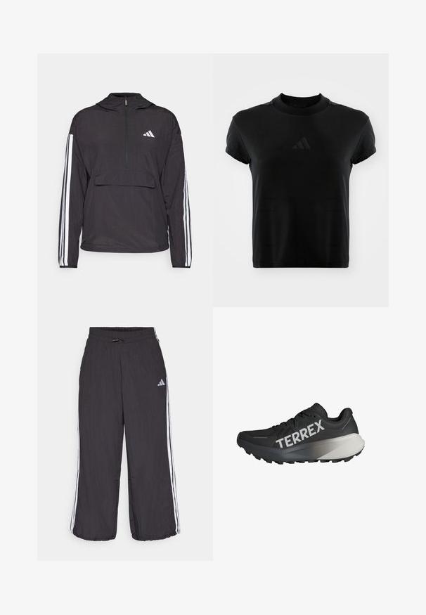 Čierny pulóver s kapucňou vyrobený z ľahkého materiálu. Disponuje polovičným zipsom vpredu, kapucňou, prednou vreckovou kapsou a bielymi pruhmi na rukávoch.; Čierne tričko s krátkym rukávom vyrobené z hladkej tkaniny. Obsahuje okrúhly výstrih a embosované logo Adidas na prednej strane.; Čierne tepláky s elastickým pásom, so sivými bočnými pruhmi a diskrétnym logom na hornom ľavom stehne. Ľahký materiál.; Čierne bežecké tenisky s textúrovaným zvrškom, výrazné biele logo "TERREX", zúžený dizajn podrážky a gradientný sivý akcent na päte.