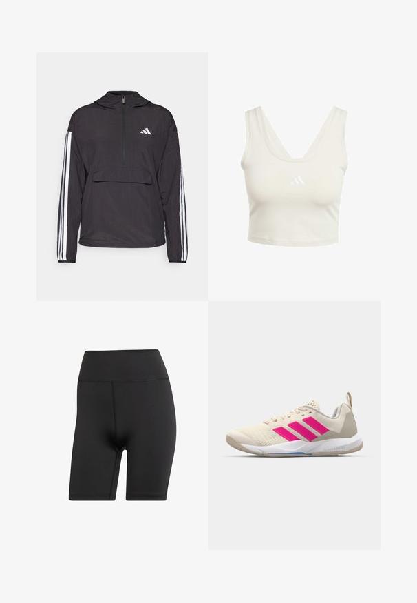 Czarna bluza dresowa wykonana z lekkiego materiału. Posiada pół-zamek z przodu, kaptur, kieszeń z przodu oraz białe paski zdobiące rękawy.; Jasnobeżowy krótki top z dekoltem w serek, wykonany z gładkiego materiału. Posiada małe białe logo na piersi oraz szerokie ramiączka.; Czarne szorty rowerowe wykonane z elastycznego materiału, posiadające wysoki pas i płaskie szwy dla komfortu i trwałości.; Beżowy but sportowy z różowym logo w postaci trzech pasków, teksturowana siateczka na górze, wyściełany kołnierz i biały gumowy spód, z brandingiem "LIGHTSTRIKE".