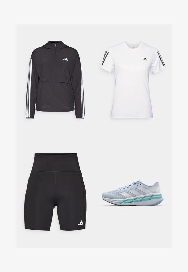 Zwarte trui-jack gemaakt van lichtgewicht materiaal. Kenmerken zijn een halve rits aan de voorkant, capuchon, voorzak en witte streeppatronen op de mouwen.; Witte sportieve t-shirt gemaakt van glad, lichtgewicht materiaal. Heeft zwarte drie-streep-accenten op de schouders en een klein zwart logo op de borst.; Zwarte sportieve shorts van rekbaar materiaal. Hoge tailleband, van gemiddelde dijlengte, met een witte driekleurige logo op de linkeronderzijde.; Lichtblauwe sportschoenen met een gestructureerde breitbovenkant, witte accenten en een doorzichtige groene tussenzool. Ronde neus en gevoerde kraag.