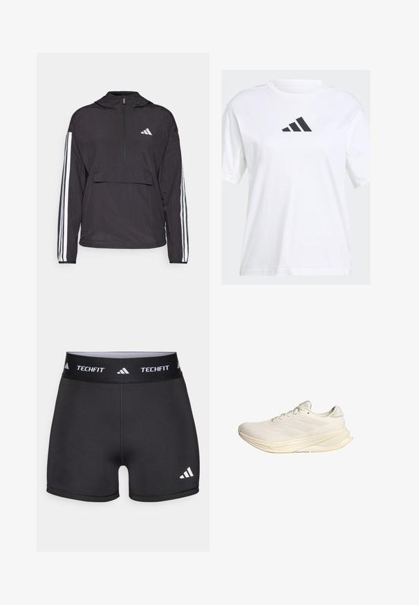Svart genserjakke laget av lett materiale. Har halv-glidelås foran, hette, frontlomme og hvite stripe detaljer på ermene.; Hvit bomulls t-skjorte med en svart Adidas-logo i trekantdesign på brystet, med korte ermer og en avslappet passform.; Sorte treningsshorts med bredt livbånd merket "TECHFIT." Har en glatt tekstur og en hvit logo på nedre venstre side.; Lys beige treningsko med mesh-overdel, flate snøring og polstret såle. Har tre striper design på siden.