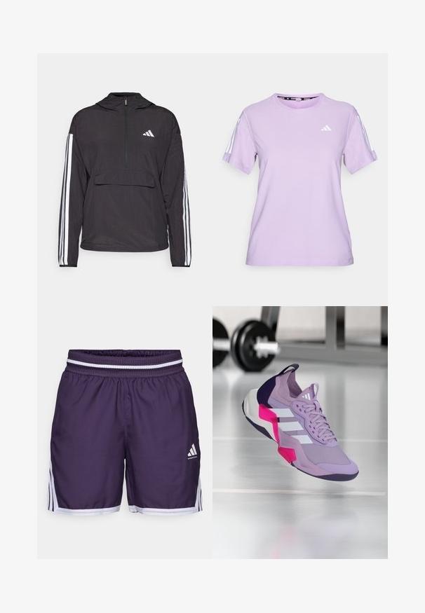 Veste à manches longues noire en matériau léger. Comprend un devant zippé à mi-hauteur, une capuche, une poche en avant et des accents en bande blanche sur les manches.; T-shirt de sport lilas à manches courtes en tissu respirant, avec un col rond, une surface texturée et trois rayures blanches sur les épaules.; Shorts de basket-ball violets avec une taille élastique, présentant des accents en maille blanche. Comprend des rayures sur les panneaux latéraux et un logo sur le bas à l'avant.; Chaussure de sport violette avec empeigne en mesh, rayures blanches, accents rose et noir, col rembourré et semelle texturée, conçue pour la performance.