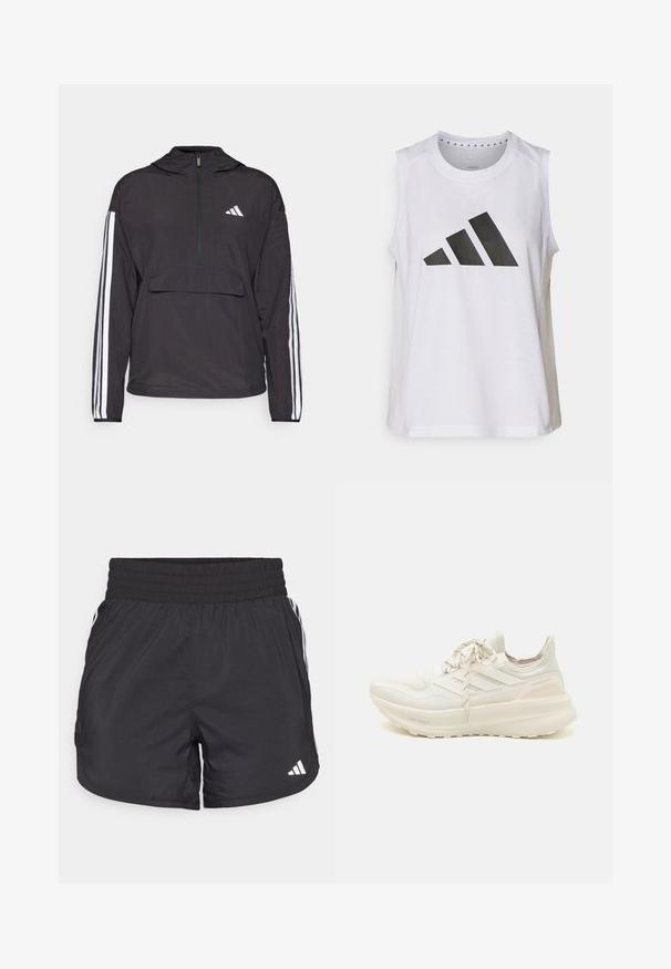 Mustapullover-takki, joka on tehty kevyestä materiaalista. Varustettu puolivetoketjulla edessä, hupulla, etutaskulla ja valkoisilla raidallisilla yksityiskohdilla hihoissa.; Valkoinen hihaton urheilupaita, jossa on pyöreä kaula-aukko. Edessä on suuri musta Adidas-logo, joka koostuu kolmesta raidasta.; Mustat urheilushortsit, joissa on joustava vyötärö, sivutaskut ja valkoiset raidat sivuilla. Valmistettu kevyestä materiaalista.; Valkoiset urheilukengät, joissa on teksturoitu yläosa, kolmonenraidallinen muotoilu, kevyt pehmustus ja jakovärinen kanta-akseli. Kevyt pohjateknologia.