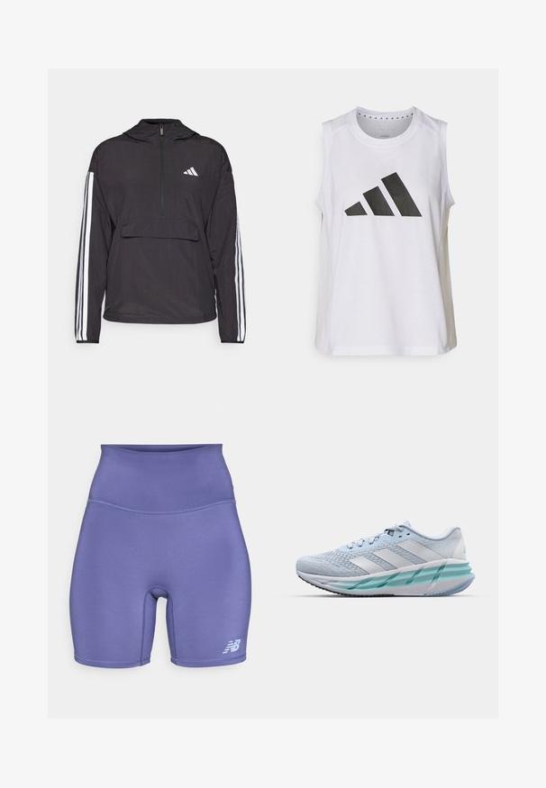 Černá pulovrová bunda vyrobená z lehkého materiálu. Obsahuje přední zip do poloviny, kapuci, přední kapsu na pouch a bílé pruhy na rukávech.; Bílý sportovní top bez rukávů s kulatým výstřihem, na přední straně s velkým černým logem Adidas složeným ze tří pruhů.; Vysoké fialové šortky vyrobené z elastického materiálu, s přiléhavým střihem, hladkou texturou a malým bílým logem na dolní části nohavice.; Světlomodré sportovní boty s texturovaným pleteným svrškem, bílými akcenty a průhledným zeleným mezipodešví. Oválná špička a polstrovaný límec.
