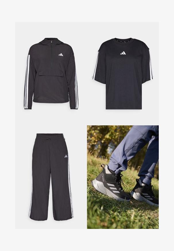 Svart genserjakke laget av lett materiale. Har halv-glidelås foran, hette, frontlomme og hvite stripe detaljer på ermene.; Svart t-skjorte med korte ermer laget av bomull. Har en hvit logo på brystet og hvite striper langs skuldrene. Standard rund hals.; Sorte joggebukser med elastisk linning, med hvite sidestriper og diskret merkevare på øvre venstre lår. Lett materiale.; Sorte svarte og grå tursko med en teksturert overdel, polstret såle og tre sølvstriper. Designet for utendørsaktiviteter.