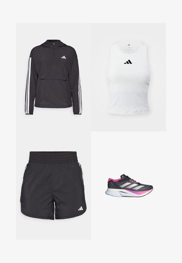 Juodas pūkuotas džemperis, pagamintas iš lengvos medžiagos. Yra pusiau užtraukiama priekyje, su gobtuvu, priekinė kišenė ir balti juosteliai ant rankovių.; Balta sportinė tanko marškinė su prigludusia forma, kurių viduryje krūtinės yra juodas Adidas logotipas ir minkšta, drėgmę pašalinanti medžiaga.; Juodos sportinės šortai su elastingu juosmeniu, šoninėmis kišenėmis ir baltais juostelėmis šonuose. Pagaminti iš lengvos medžiagos.; Bėgimo bateliai su pilku tinkliniu paviršiumi, rožiniais akcentais ir baltais dryžiais. Turi paminkštintą pado dalį ir elegantišką, aerodinaminį dizainą.