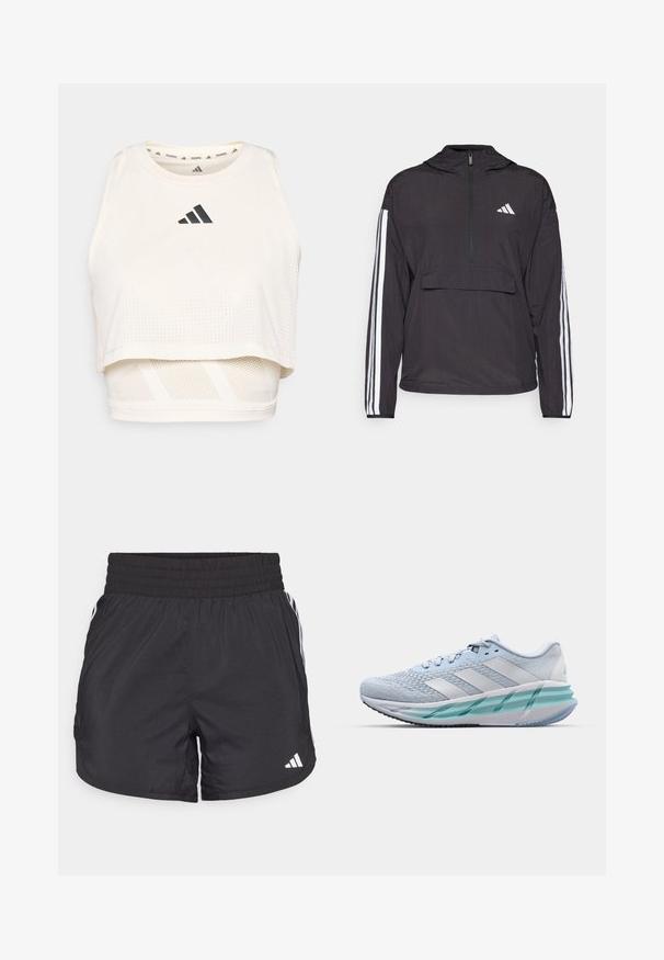 Zwarte trui-jack gemaakt van lichtgewicht materiaal. Kenmerken zijn een halve rits aan de voorkant, capuchon, voorzak en witte streeppatronen op de mouwen.; Witte sportieve crop tanktop gemaakt van ademend materiaal. Beschikt over een ronde halslijn, geperforeerde textuur en een zwart logo aan de voorkant.; Zwarte sportieve shorts met een elastische tailleband, zijzakken en witte streepaccenten aan de zijkanten. Gemaakt van lichtgewicht materiaal.; Lichtblauwe sportschoenen met een gestructureerde breitbovenkant, witte accenten en een doorzichtige groene tussenzool. Ronde neus en gevoerde kraag.