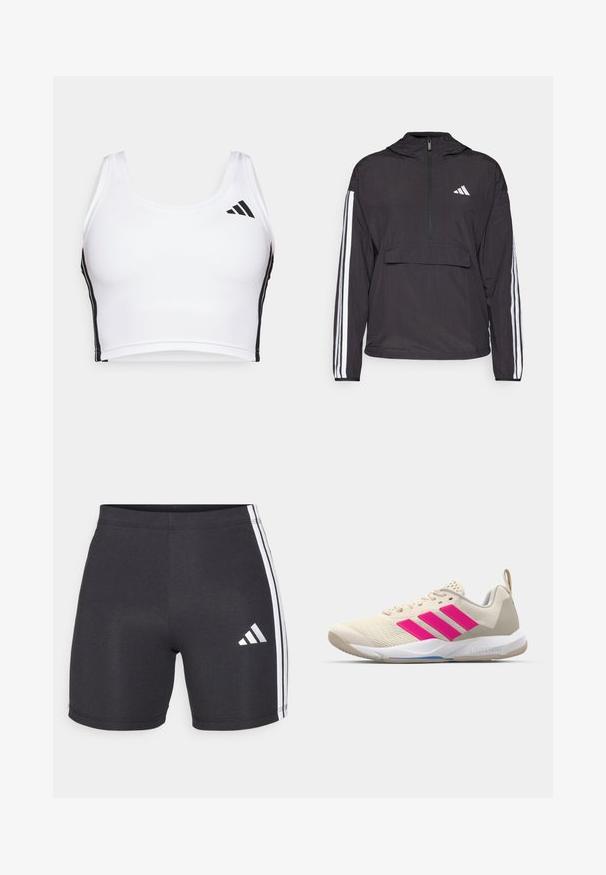 Black pullover jacket made from lightweight material. Features a half-zip front, hood, front pouch pocket, and white stripe accents on sleeves.; White sports crop top made of textured fabric, featuring black side stripes and a black logo on the upper left. Classic design with wide straps.; Black athletic shorts made of stretch fabric, featuring white side stripes and an Adidas logo on the lower right leg. Smooth texture.; Beige athletic shoe with pink three-stripe logo, textured mesh upper, padded collar, and white rubber sole, featuring "LIGHTSTRIKE" branding.