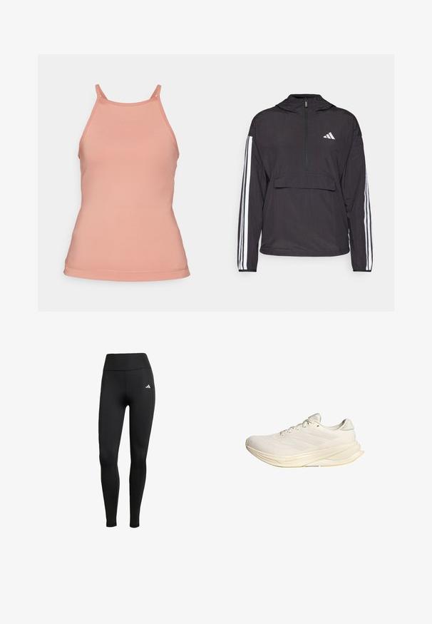 Svart genserjakke laget av lett materiale. Har halv-glidelås foran, hette, frontlomme og hvite stripe detaljer på ermene.; Peachfarget tank topp med en tettsittende design, tynne stropper og sømløse kanter, laget av et glatt, elastisk stoff.; Sorte treningsleggings med høy midje. Laget av elastisk stoff med en hvit logo detalj på øvre venstre side.; Lys beige treningsko med mesh-overdel, flate snøring og polstret såle. Har tre striper design på siden.