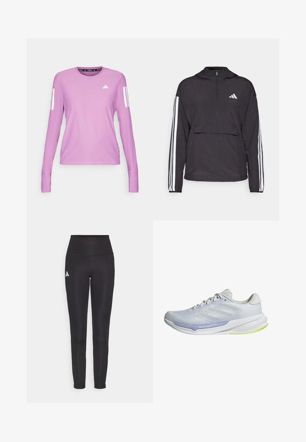 Czarna bluza dresowa wykonana z lekkiego materiału. Posiada pół-zamek z przodu, kaptur, kieszeń z przodu oraz białe paski zdobiące rękawy.; adidas Performance - Bluzka z długim rękawem; Czarne legginsy o wysokim stanie, wykonane z elastycznej tkaniny. Posiadają białe logo po lewej stronie oraz elegancki, bezszwowy design. Gładka tekstura.; Białe buty sportowe z oddychającą siateczką, teksturowanym wzorem i lawendowym akcentem. Mają miękką podeszwę z zielonymi detalami na podeszwie.