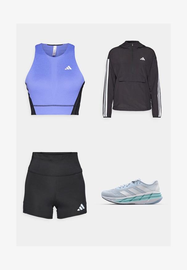 Schwarze Pulloverjacke aus leichtem Material. Mit einem halben Reißverschluss an der Vorderseite, Kapuze, vorderer Taschenklappe und weißen Streifenakzenten an den Ärmeln.; Lila Sport-Bh mit strukturiertem Oberflächen, schwarzen Seitenpanelen und einem weißen Logo auf der linken Brust. Sportliches Design mit rundem Ausschnitt.; adidas Performance Tights - black; Helle blaue Sportschuhe mit einem strukturierten Strickobermaterial, weißen Akzenten und einer transparenten grünen Zwischensohle. Abgerundete Zehenpartie und gepolsterter Schaft.