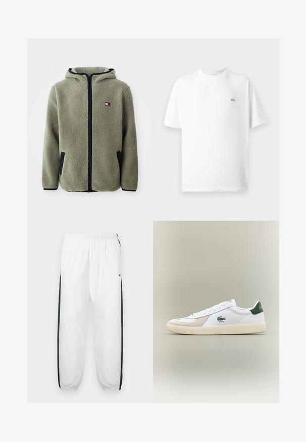 Fleecejakke i afdæmpet grøn med hætte, lynlås og sorte detaljer på lommer og manchetter. Lille logopatch på brystet.; Hvid bomulds t-shirt med rund hals og korte ærmer. Har et lille sort Lacoste-logo på venstre side af brystet.; Hvide træningsbukser med mørkegrønne sidelæg. Letvægtsmateriale, elastisk talje og manchetter ved benene. Har mesh-struktur på sidelæggene.; Hvide sneakers med grønne accenter, lavet af ruskind og læder, rund tå, tekstureret ydersål og broderet logo på siden og tungen.