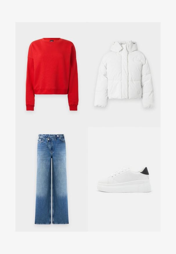 Balta pūkainā jaka ar kapuci, ar pilvenētiem dizainu, priekšējo aizdari un nedaudz īsāku siluetu. Gluda, spīdīga tekstūra.; Sarkans pulovers no mīksta auduma ar apaļu kakla izgriezumu, garām piedurknēm un īsu modeli ar ribotiem aprocēm.; Gaiši zili platā stila džinsi ar izbalējušu mazgāšanu, ar klasisku piecu kabatu dizainu un metāla pogu akcentiem jostasvietā.; Baltas platforma kedas, izgatavotas no gludas sintētiskas vielas, ar noapaļotu purngalu, saites dizainu un teksturētu gumijas zoli. Melna papēža akcenta detaļa.