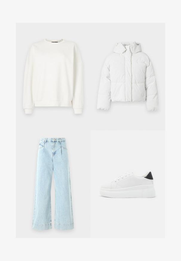 Jachetă puf albă cu glugă, având un design matlasat, închidere frontală și o siluetă ușor scurtată. Textură netedă și lucioasă.; Hanorac alb cu guler rotund, umeri căzuți și manșete elastice, realizat dintr-un material moale, ușor și cu o textură netedă.; Blugi largi de culoare albastru deschis, din denim, cu talie înaltă, buzunare frontale și accente cusute la tiv.; Adidași albi cu platformă, fabricați din material sintetic neted, cu vârf rotund, design cu șireturi și talpă din cauciuc texturat. Accente negre la călcâi.
