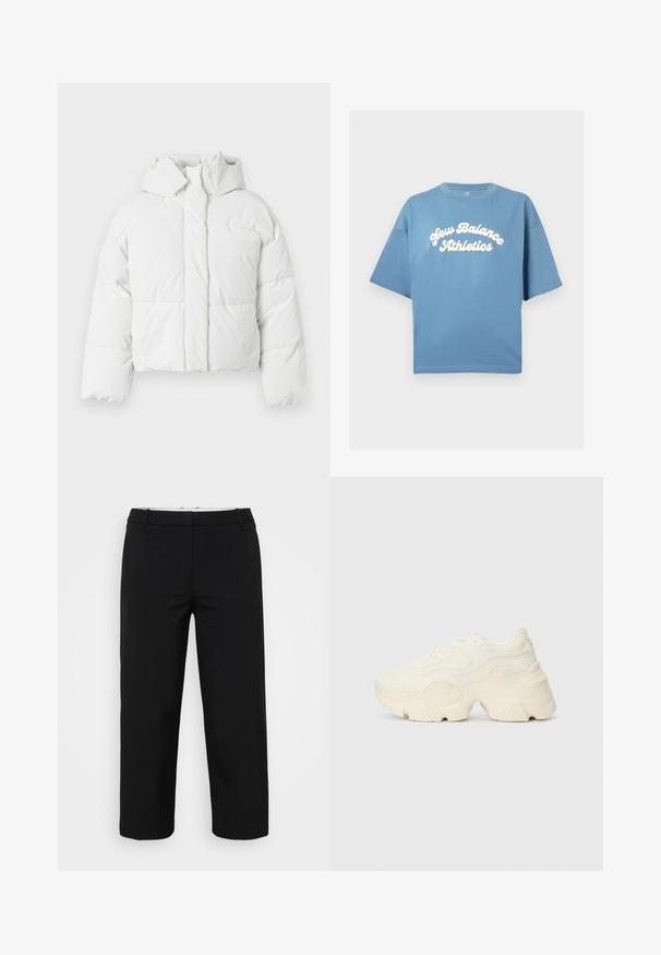 White puffer jacket with a hood, featuring a quilted design, front closure, and slightly cropped silhouette. Smooth, shiny texture.; Blue cotton t-shirt with a loose fit, featuring short sleeves and a crew neckline. White "New Balance Athletics" logo centrally printed.; Black trousers with a straight cut, featuring a smooth texture, two side pockets, and a waistband with loops. No visible fastenings.; Chunky white sneakers made of textured mesh and synthetic materials, featuring a thick sole and intricate pattern details along the sides.