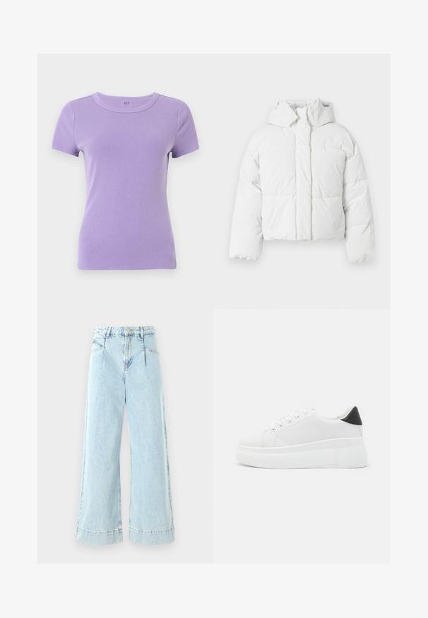 Fehér pufi dzseki kapucnival, steppelt dizájnnal, elöl záródással és enyhén cropped sziluettel. Simább, fényes textúrával.; Levendula színű, rövid ujjú póló bordázott anyaggal és kerek nyakkivágással. Finom logó található a gallér területén.; Világoskék, bő szabású farmernadrág, magas derekú, elülső zsebekkel és díszített szegéllyel.; Fehér platform sportcipők sima szintetikus anyagból, lekerekített orral, fűzős kialakítással és texturált gumitalppal. Fekete sarokdísz.