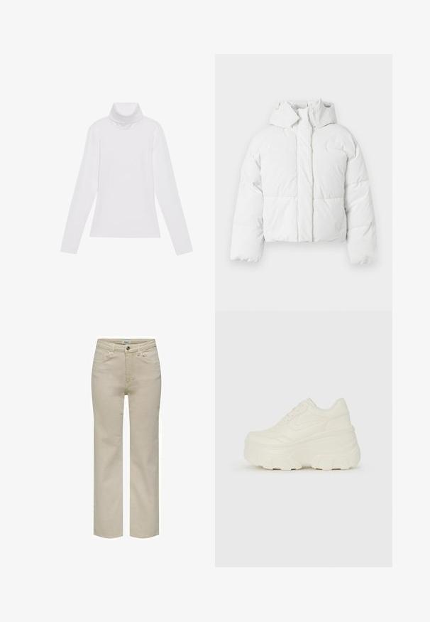 White puffer jacket with a hood, featuring a quilted design, front closure, and slightly cropped silhouette. Smooth, shiny texture.; White long-sleeve turtleneck top made of smooth, stretchy fabric. Features a high collar and fitted design, with no visible patterns or embellishments.; Beige straight-leg jeans made of cotton, featuring a button closure, belt loops, and front pockets. Smooth texture with clean lines.; White platform sneakers featuring a smooth leather-like upper, rounded shape, padded collar, and textured rubber sole with defined treads.