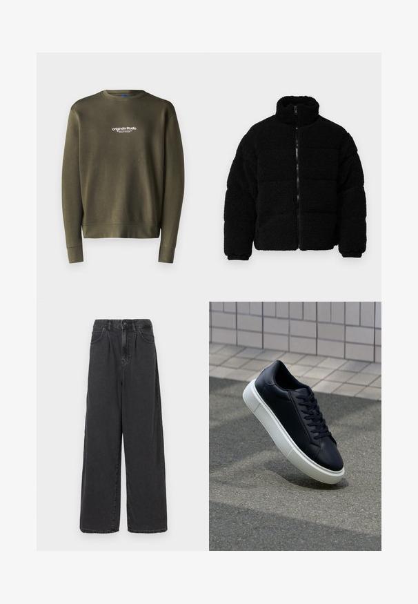 Zwarte zip-up jack van textuurrijk, fluffy materiaal. Voorzien van een hoge kraag, gewatteerd ontwerp en elastische manchetten.; Olijfgroen sweatshirt met een ronde hals, lange mouwen en aansluitende manchetten. Bevat "Originals Studio" geborduurd in het wit op de borst.; Brede pijpen, hooggewaste zwarte denim broek met een sluiting met een knoop en rits aan de voorkant, voorzien van zijzakken en een soepele textuur.; Zwarte leren sneaker met een ronde neus en een witte rubberen zool. Voorzien van platte veters en minimale stiksels op het bovenwerk. Textuurrijke zool voor grip.