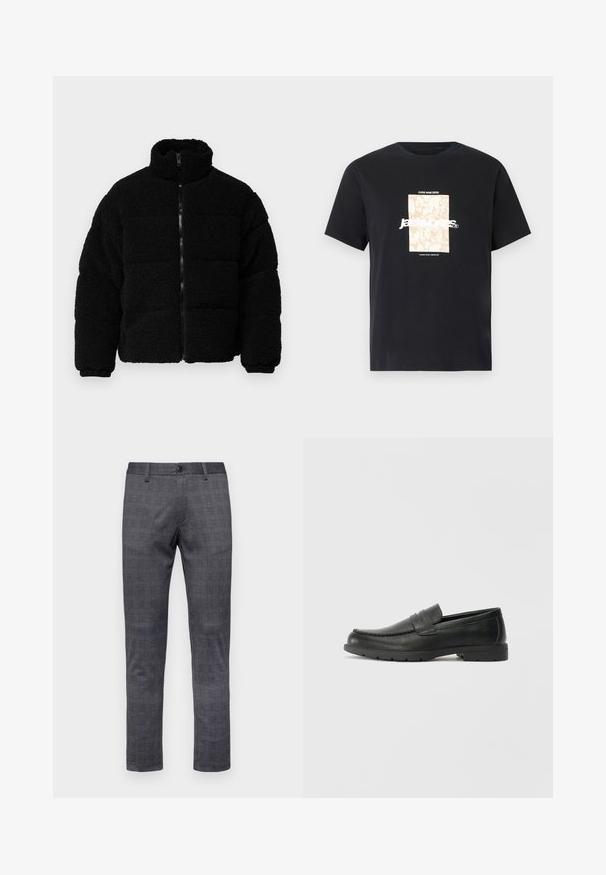 Juodas zip-up džemperis, pagamintas iš tekstūruotos, pūkuotos medžiagos. Savybės: aukštas apykaklė, paminkštinta konstrukcija, ir elastingi rankogaliai.; Juodas medvilninis marškinėliai su apvaliu kaklu. Ant priekinės pusės yra smėlio spalvos stačiakampis grafikas ir baltas tekstas "JAWO", centrinėje dalyje. Trumpi rankoviai.; Pilkas languotas kelnes, priglundančio modelio, su mygtuku uždarymu, diržo kilpomis ir tekstūruotu audiniu.; Juodai odiniai loaferiai su sklandžiu paviršiumi, mokasino stiliaus viršus, siuvinėjimu ir guminėmis padangomis. Klasikinis dizainas su žemu kulnu.