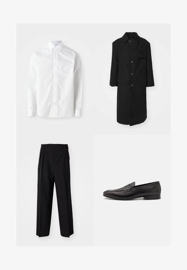 Melnā garā mēteli izgatavots no izturīgas auduma, ar apkakli, priekšējiem pogām un krūšu kabatu. Vienkāršs, taisnas griezuma dizains ar sānu kabatām.; Balta garām piedurknēm krekls, izgatavots no gludas kokvilnas ar diskrētu punktu rakstu, klasiskā apkakle, pogu priekšpuse un apaļas aproces.; Melnas plisētās bikses ar taisnu, plata kāja dizainu. Izgatavotas no gludas auduma, ar pogu aizdari un jostas cilpiņām.; Melnas ādas loafers ar elegantu dizainu, noapaļotu purngalu un zemu kaudzes papēdi. Iezīmē dekoratīvu diega šuvumu augšējā daļā.