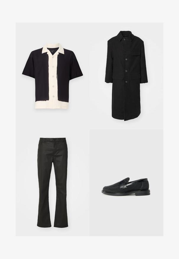 Cappotto lungo nero in un tessuto resistente, dotato di colletto, bottoni frontali e tasca sul petto. Design semplice e dritto con tasche laterali.; Camicia a maniche corte nera e crema. Presenta un lato sinistro nero, un lato destro crema con chiusura a bottoni e colletto a contrasto. Tessuto morbido.; Jeans neri a gamba larga realizzati in tessuto misto cotone, con chiusura a bottone, cinque tasche e una leggera lucentezza sulla superficie testurizzata.; Scarpa nera a mocassino intrecciata con un accentuato in pelle liscia sulla parte superiore, design a punta rotonda e suola in gomma a profilo basso.