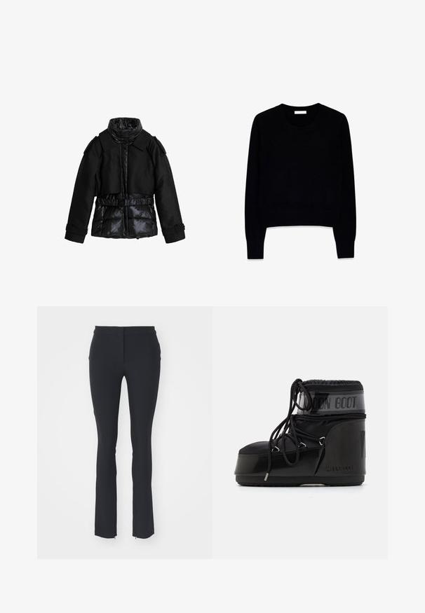 Schwarze Jacke kombiniert gepolsterte Abschnitte mit glattem Stoff. Sie verfügt über einen hohen Kragen, einen Gürtel in der Taille und strukturierte Schultern.; Schwarzer Pullover aus weichem Stoff, mit rundem Ausschnitt und langen Ärmeln. Das Design ist verkürzt und hat gerippte Bündchen und Saum.; Schwarze dehnbare Hose mit figurbetontem Design, glatter Textur, geradem Schnitt und kleinen seitlichen Reißverschlüssen am Saum.; Schwarze Mondstiefel mit glänzender Oberfläche, runder Zehenpartie, gepolstertem Obermaterial und strukturiertem Sohlenprofil. Mit Schnürsenkeln und geprägt Branding an der Seite.