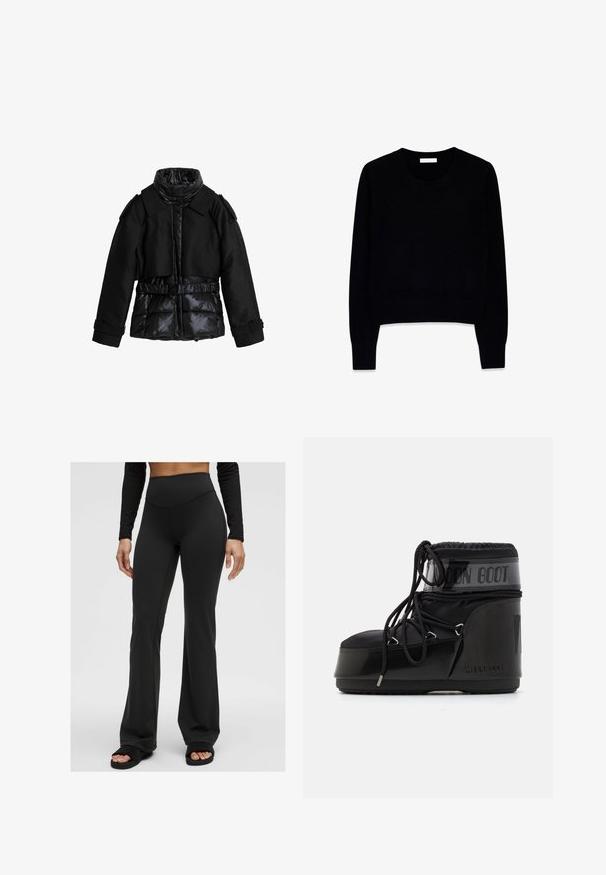 Zwarte jas met een combinatie van gewatteerde secties en gladde stof. Beschikt over een hoge kraag, een riem op de taille en gestructureerde schouders.; Zwarte trui van zachte stof, met een ronde halslijn en lange mouwen. Het ontwerp is cropped met geribbelde manchetten en een onderrand.; Zwarte flared broek van rekbaar materiaal met een hoge taille. Zachte textuur, minimale stiksels, gedragen met zwarte slidesandalen.; Zwarte moonboots met een glanzende afwerking, afgeronde neus, gewatteerd bovenwerk en een gestructureerde zool. Beschikt over veters en reliëfbranding op de zijkant.
