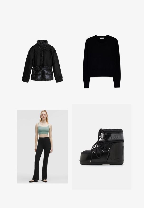 Black jacket combines padded sections and smooth fabric. Features a high collar, belt at the waist, and structured shoulders.; Black sweater in soft fabric, featuring a round neckline and long sleeves. The design is cropped with ribbed cuffs and hem.; Green ribbed crop top with thin straps paired with high-waisted black flared leggings and black flip-flops on a neutral background.; Black moon boots with a glossy finish, rounded toe, padded upper, and textured sole. Features laces and embossed branding on the side.