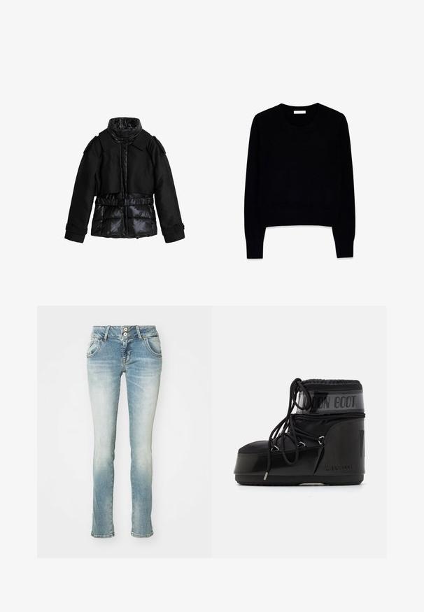 Must mustree sulab, misel jaotised ja sujuv kangas. Omab kõrget kraed, vööd beelus ja struktuursed õlad.; Mustast pehmest kangast sviit, millel on ümmargune kaelus ja pikad varrukad. Disain on lühendatud, ribidega mansettide ja alumise äärega.; Heledad sinised denimpüksid, kulunud viimistlusega, sirge jala kujundusega, kahe esipocketiga ja kahe nööbiga kinnitamine vööl.; Mustad mustasaapad läikiva viimistlusega, ümarate varvaste, pehmendatud ülaosa ja tekstuurse tallaga. Omab paelu ja hõõrutud brändimist küljel.