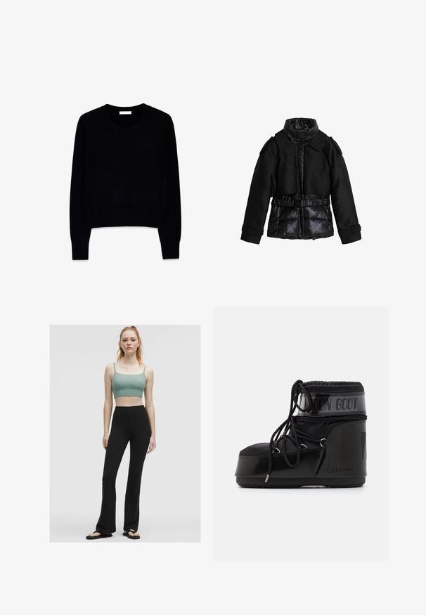 Schwarze Jacke kombiniert gepolsterte Abschnitte mit glattem Stoff. Sie verfügt über einen hohen Kragen, einen Gürtel in der Taille und strukturierte Schultern.; Schwarzer Pullover aus weichem Stoff, mit rundem Ausschnitt und langen Ärmeln. Das Design ist verkürzt und hat gerippte Bündchen und Saum.; Grünes geripptes Crop-Top mit dünnen Trägern, kombiniert mit hochgeschnittenen schwarzen Schlaghosen und schwarzen Flip-Flops vor einem neutralen Hintergrund.; Schwarze Mondstiefel mit glänzender Oberfläche, runder Zehenpartie, gepolstertem Obermaterial und strukturiertem Sohlenprofil. Mit Schnürsenkeln und geprägt Branding an der Seite.