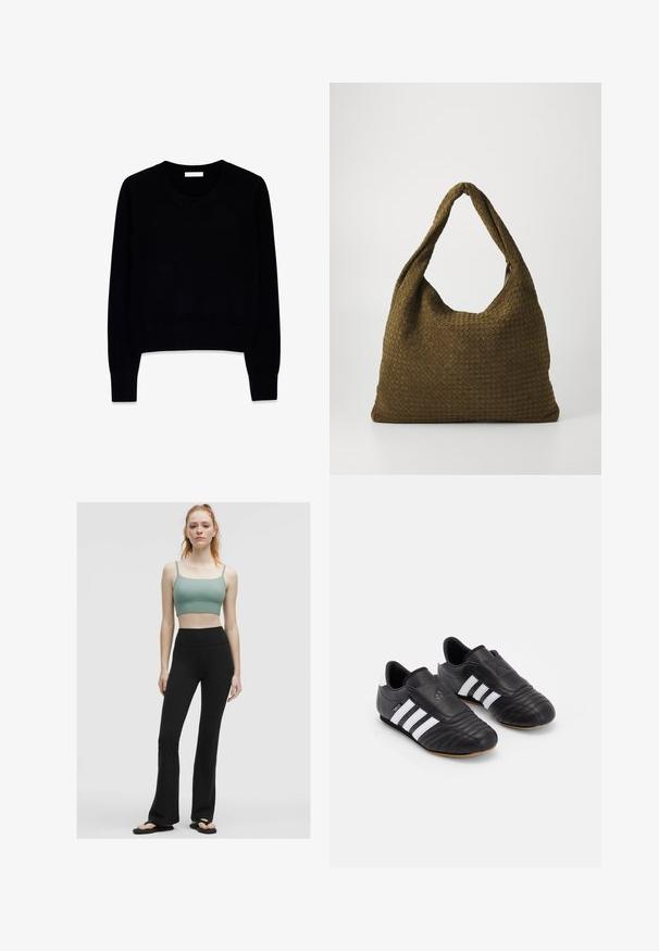 Musta takki yhdistää pehmustetut osiot ja sileän kankaan. Sen ominaisuuksiin kuuluu korkea kaulus, vyö vyötäröllä ja muotoillut olkapäät.; Musta neule pehmeästä materiaalista, jossa on pyöreä pääntie ja pitkät hihat. Malli on lyhennetty ja siinä on resorit hihoissa ja helmassa.; Vihreä urheilullinen lyhyt yläosa, jossa on ohuet hihnat, yhdistettynä korkeavyötäröisiin mustiin leveälahkeisiin legginsseihin ja mustiin flip-flop -sandaaleihin neutraalilla taustalla.; Mustat jalkapallokengät, joissa on tekstuurilla varustettu nahkapäällinen, pehmustettu etuosa, kolme valkoista raitaa sivuilla ja kuminen ulkopohja.; Kudottu kangaskassi oliivinvihreänä, tilavalta pyöreältä muodoltaan ja yhdessä pitkittäisessä kantokahvassa. Pintakuviointi.