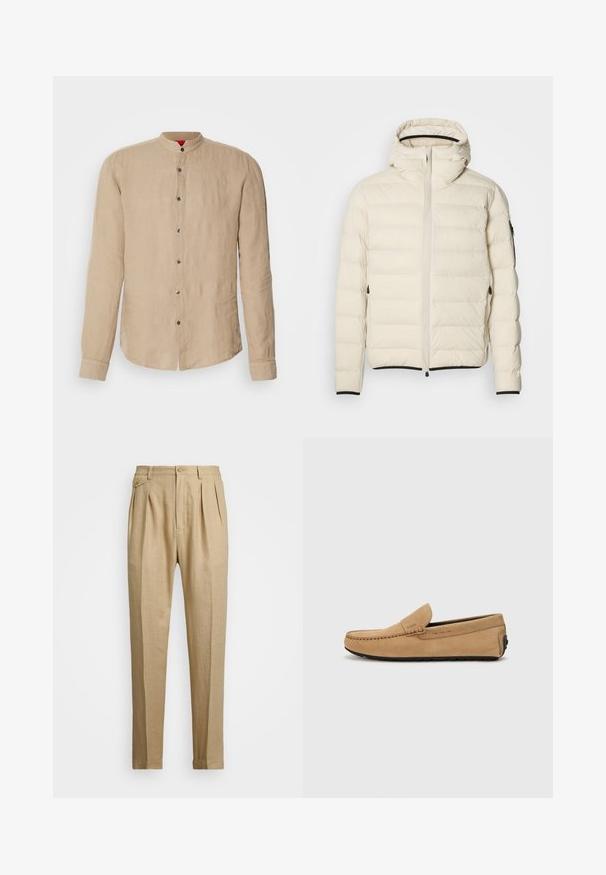 Krémová zateplená bunda se zipem vpředu a kapucí. Má hladkou strukturu, elastické manžety, dvě boční kapsy a diskrétní logo.; Beige lněná košile s dlouhými rukávy, mandarínským límečkem a předním zapínáním na knoflíky. Hladká textura a jemný lesk. Zaoblený lem s bočními rozparky.; Béžové lněné kalhoty rovného střihu, s dvěma předními sklady, zapínáním na knoflík a bočními kapsami. Strukturovaná tkanina s hladkým povrchem.; Béžová semišová mokasína s prošívanou špičkou, nazouvací design a černá gumová podešev. Na boku se nachází nenápadné logo.