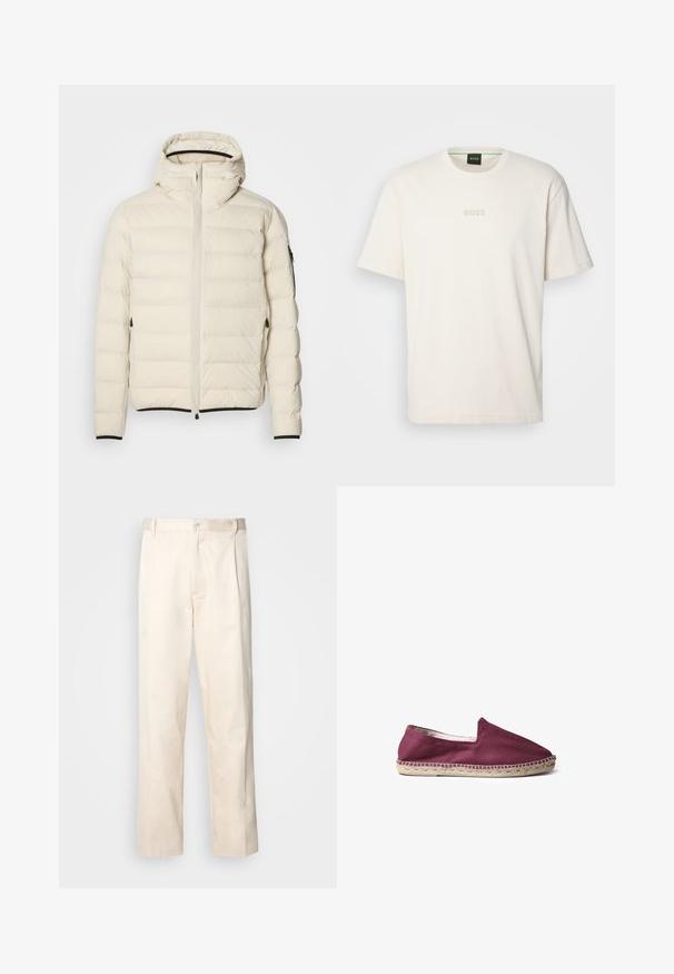 Kreminės spalvos užpildyta striukė su užtrauktuku priekyje ir kapišonu. Ypatumai: sklandus paviršius ir elastingos rankogaliai, taip pat dvi šoninės kišenės ir diskretiškas prekės ženklas.; BOSS TEE - Paprasti marškinėliai - open white; Bežinės medvilninės kelnės su tiesiu kirpimu, turinčios mygtuko uždarymą ir priekyje raukšles papildomai dekoratyviam akcentui.; Toni Pons MONTGRI - Įmautiniai batai - bordeaux