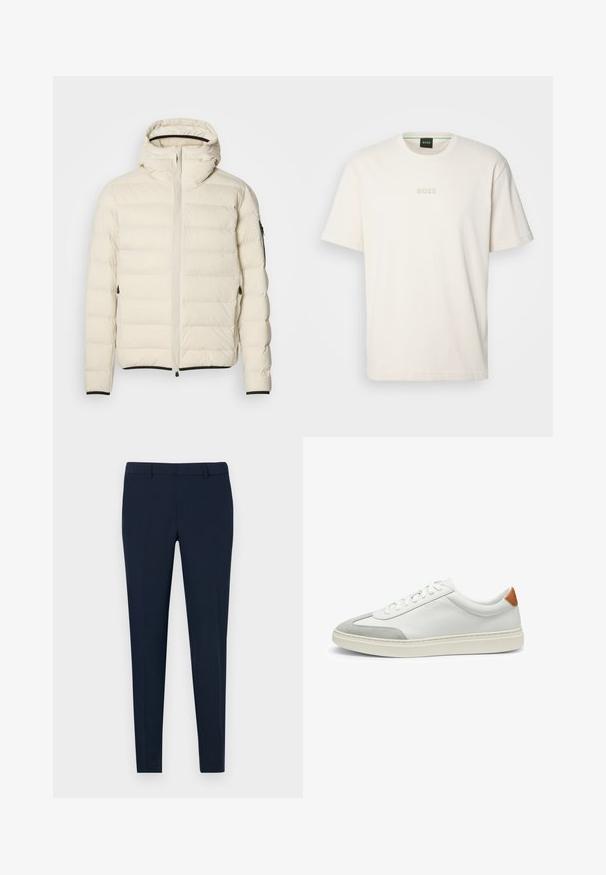 Padded Jacke in Creme mit Reißverschluss vorne und Kapuze. Hat eine glatte Textur und elastische Bündchen, mit zwei seitlichen Taschen und zurückhaltendem Branding.; BOSS TEE - T-Shirt basic - open white; Marineblaue, taillierte Hose mit schmaler Passform, flachem Bund und Gürtelschlaufen, aus glattem Stoff. Keine sichtbaren Muster oder Verzierungen.; Weiße Leder-Sneaker mit grauen Wildlederakzenten und einer sandfarbenen Lederfersenschlaufe. Sie verfügen über eine strukturierte Oberfläche und eine leichte Sohle.