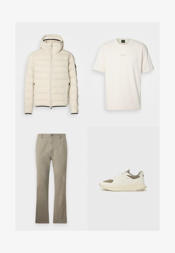 Veste matelassée crème avec fermeture éclair à l'avant et capuche. Elle présente une texture lisse et des poignets élastiques, avec deux poches latérales et un marquage discret.; BOSS TEE - T-shirt basique - open white; Pantalons en coton beige à coupe droite, avec fermeture bouton, passants de ceinture et surface légèrement texturée, adaptés pour un usage décontracté.; Basket de sport blanche et beige clair, avec une tige en maille, des détails perforés et une semelle intermédiaire texturée avec un logo sur le talon.