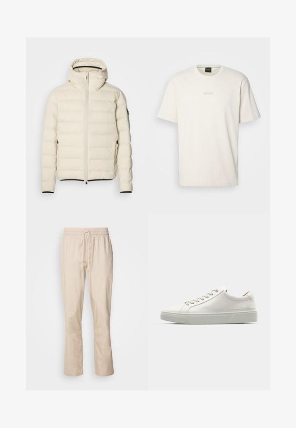 Gevoerde jas in crème met een rits aan de voorkant en een capuchon. Heeft een soepele textuur en elastische manchetten, met twee zijzakken en discrete branding.; BOSS TEE - T-shirt basic - open white; Beige broek met een relaxte pasvorm, elastische tailleband en trekkoord. Gladde textuur, iets taps toelopende pijp en geen zichtbare patronen of hardware.; Witte leren sneaker met een ronde neus, minimalistisch ontwerp, grijze veters en een gestructureerde grijze rubberen zool. Fijne stikdetails zichtbaar.