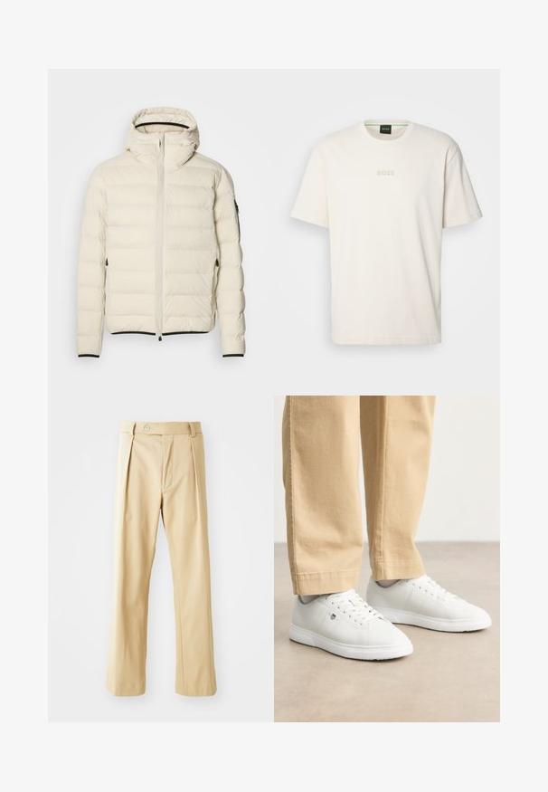 Kreminės spalvos užpildyta striukė su užtrauktuku priekyje ir kapišonu. Ypatumai: sklandus paviršius ir elastingos rankogaliai, taip pat dvi šoninės kišenės ir diskretiškas prekės ženklas.; BOSS TEE - Paprasti marškinėliai - open white; Bežinės kelnes su tiesiu sijonu, turinčios priekinės klostes, užsegimą mygtuku ir glotnią tekstūrą. Nėra matomų raštų ar akcentų.; Baltos odinės sportbačiai su lygia apdaila, su apvalia nosimi, nėriniais ir subtiliu logotipo detaliu šone, derinami su béžinėmis kelnėmis.