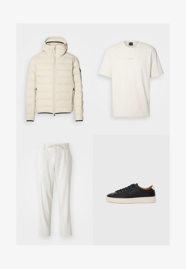 Veste matelassée crème avec fermeture éclair à l'avant et capuche. Elle présente une texture lisse et des poignets élastiques, avec deux poches latérales et un marquage discret.; BOSS TEE - T-shirt basique - open white; Pantalons beige clair à coupe décontractée, taille élastique et plis sur le devant. Fabriqués dans un tissu doux, avec un détail de taille nouée.; Baskets en cuir noir avec une texture lisse, semelle en caoutchouc beige, design à lacets et accent de talon contrasté.