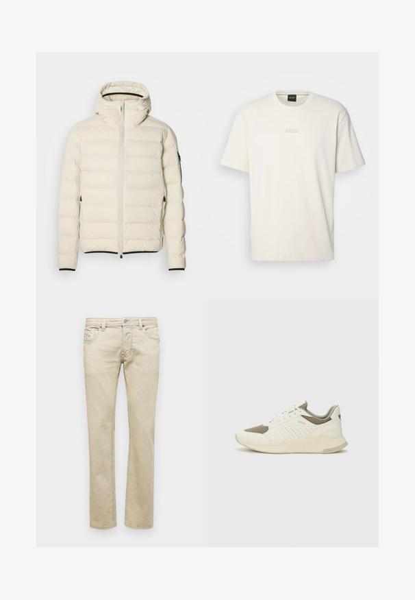 Chaqueta acolchada en color crema con cierre de cremallera y capucha. Presenta una textura suave y puños elásticos, con dos bolsillos laterales y una marca discreta.; BOSS TEE - Camiseta básica - open white; Jeans de mezclilla beige con un diseño de pierna recta, bolsillos frontales y cierre de botón. La tela tiene un aspecto ligero y ligeramente texturizado.; Zapatilla deportiva en blanco y beige claro, con parte superior de malla, detalles perforados y una mediasuela texturizada con la marca en el talón.