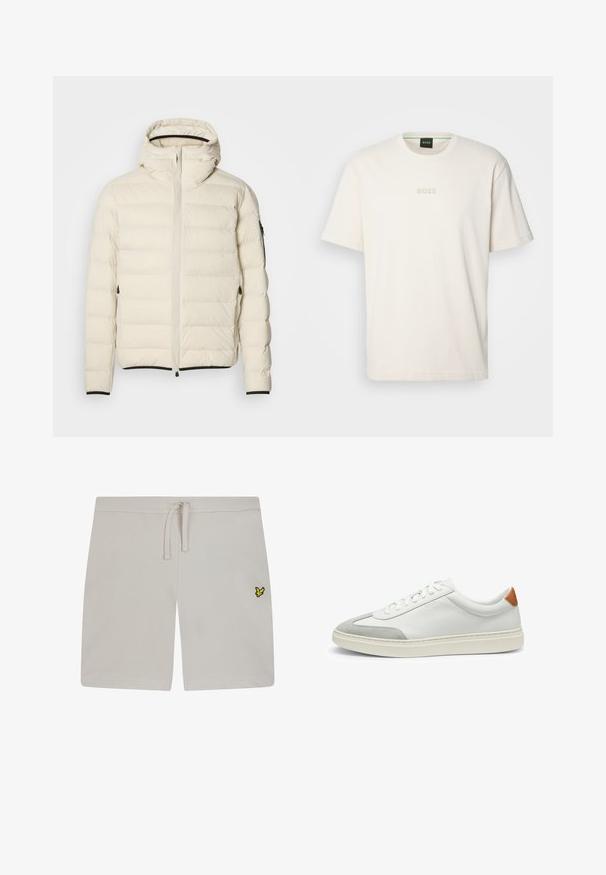 Padded Jacke in Creme mit Reißverschluss vorne und Kapuze. Hat eine glatte Textur und elastische Bündchen, mit zwei seitlichen Taschen und zurückhaltendem Branding.; BOSS TEE - T-Shirt basic - open white; Hellgraue Baumwollshorts mit elastischem Bund und Kordelzug. Auf der linken Seite befindet sich ein kleines gelbes Logo. Glatte Textur.; Weiße Leder-Sneaker mit grauen Wildlederakzenten und einer sandfarbenen Lederfersenschlaufe. Sie verfügen über eine strukturierte Oberfläche und eine leichte Sohle.