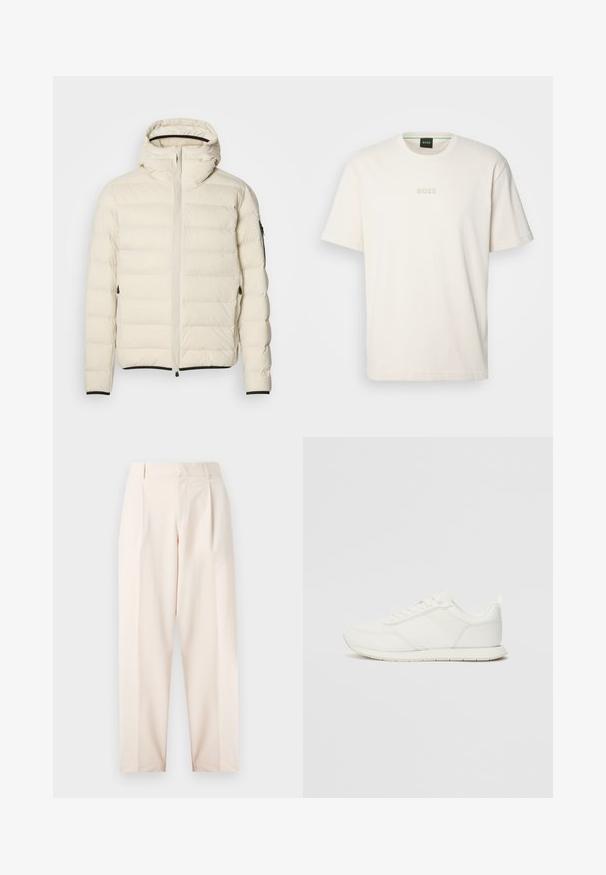 Giacca imbottita color crema con zip frontale e cappuccio. Presenta una texture liscia e polsini elasticizzati, con due tasche laterali e un branding discreto.; BOSS TEE - T-shirt basic - open white; Pantaloni beige su misura con vita alta, pieghe e design a gamba dritta. Realizzati in tessuto morbido con tasche laterali e una finitura pulita.; Sneaker bianco con tomaia in rete e materiale sintetico, punta tonda, lacciuoli piatti e una striscia laterale testurizzata. Suola in gomma con linguetta sul retro.