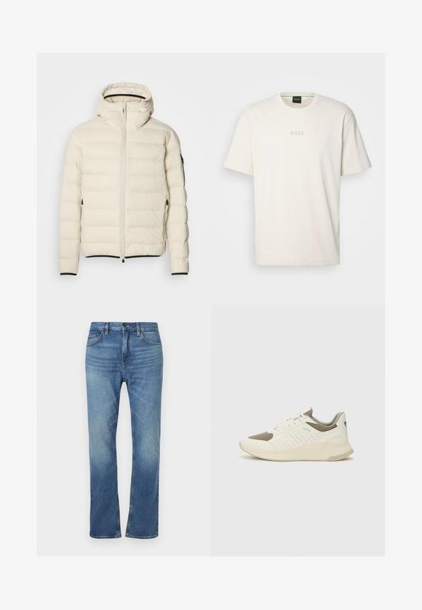 Kreminės spalvos užpildyta striukė su užtrauktuku priekyje ir kapišonu. Ypatumai: sklandus paviršius ir elastingos rankogaliai, taip pat dvi šoninės kišenės ir diskretiškas prekės ženklas.; BOSS TEE - Paprasti marškinėliai - open white; Mėlyni džinsai su tiesia koja. Yra penki kišenės, sagos uždarymas ir lengvas blukimas priekyje ir gale.; Baltas ir šviesiai bežinis sportinis kedas, su tinklo viršumi, perforuotais detalėmis ir tekstūruotu tarpine su logotipu ant kulno.