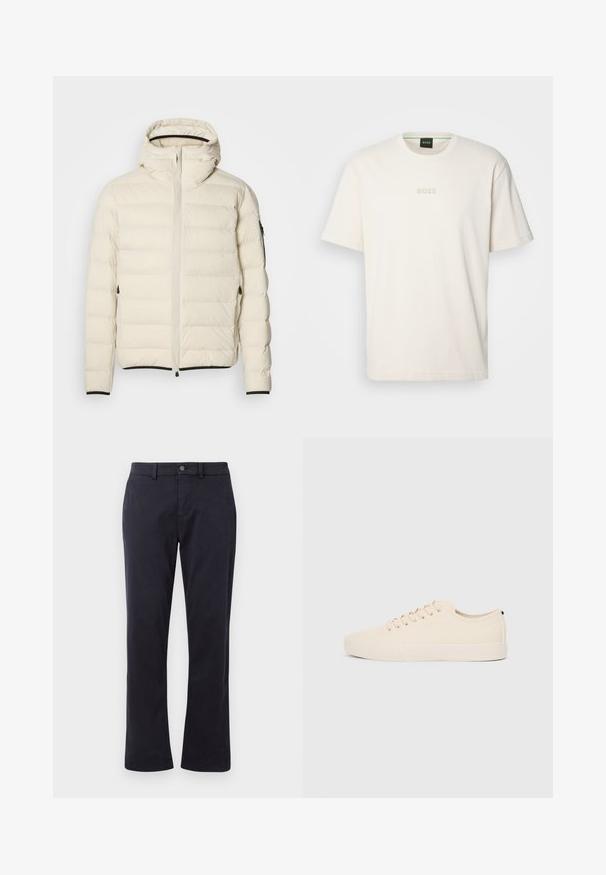 Padded jacket in cream with a zip front and hood. Features a smooth texture and elastic cuffs, with two side pockets and discreet branding.; BOSS TEE - Basic T-shirt - open white; Dark navy straight-leg pants with belt loops and front button closure, displayed on a white background.; Beige canvas sneakers with round toe, flat rubber sole, and lace-up front. Features minimal design and a contrasting black accent at the heel.