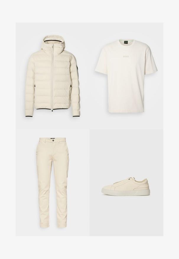 Polstret jakke i cremefarvet med lynlås foran og hætte. Har en glat tekstur og elastiske manchetter, med to sidelommer og diskret branding.; BOSS TEE - T-shirts basic - open white; Beige bomuldsbukser med slim fit, der har en standard linning, forlommer og en knappelukning. Glat tekstur, minimalistisk design.; Beige lædersneaker med rund tå, minimalistisk design, diskrete syninger og en struktureret overflade, på en lys sål.