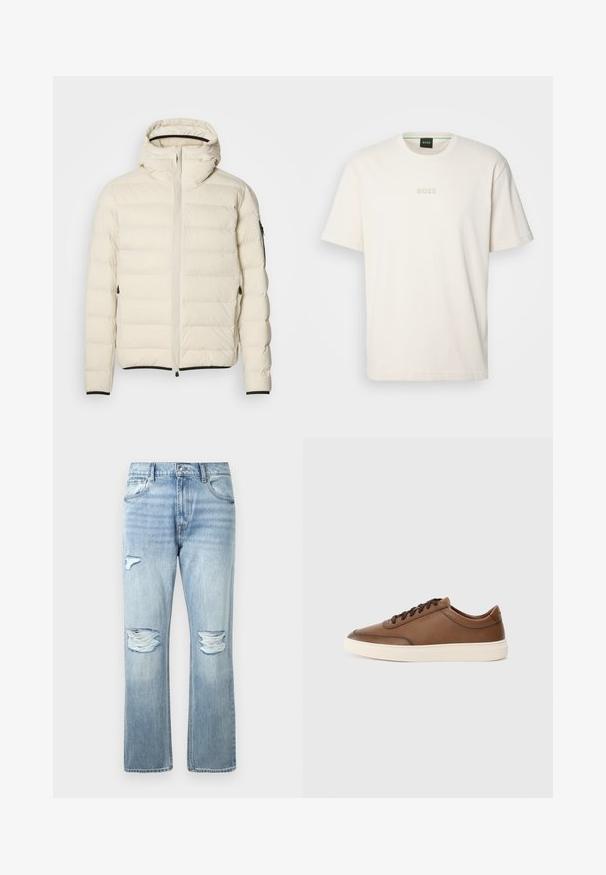 Padded bunda v krémovej farbe so zipsom vpredu a kapucňou. Má hladkú textúru a elastické manžety, dve bočné vrecká a diskrétne logo.; BOSS TEE - Základné tričko - open white; Svetlo modré džínsy s roztrhnutými miestami na oboch kolenách a malou dierou na hornom ľavom stehne, klasický päťpokladový štýl.; Hnedé kožené tenisky s hladkým povrchom, šnurovací dizajn a kontrastná off-white gumová podrážka. Minimálne logo na boku.