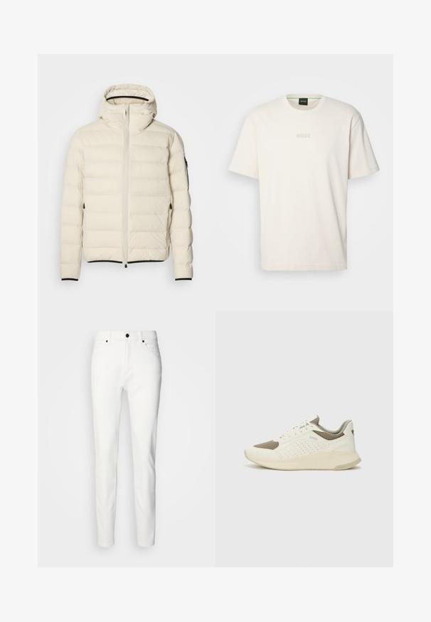 Padded jacket in cream with a zip front and hood. Features a smooth texture and elastic cuffs, with two side pockets and discreet branding.; BOSS TEE - Basic T-shirt - open white; White denim jeans with a slim fit, featuring a front button closure, two front pockets, and a clean finish. No visible patterns or accents.; White and light beige athletic sneaker, featuring a mesh upper, perforated detailing, and a textured midsole with branding on the heel.