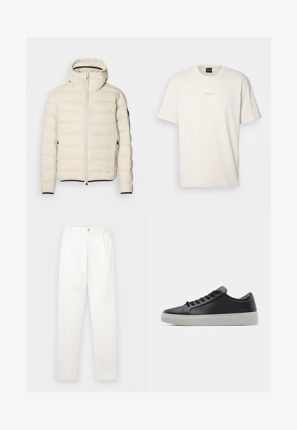 Padded jakna v kremni barvi z zadrgo spredaj in kapuco. Ima gladko teksturo, elastične manšete, dva stranska žepa in diskretno blagovno znamko.; BOSS TEE - Navadna majica - open white; Bele hlače iz gladkega blaga, z ravnimi nogami, sprednjimi gubami in enim gumbom za zapiranje v pasu.; Črne usnjene teniske z gladko teksturo, okroglo konico in črnimi vezalkami. Imajo debel bel gumijast podplat s subtilnimi geometrijskimi poudarki.