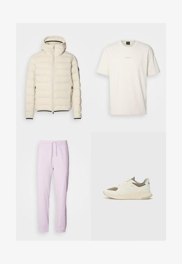 Jachetă umplută de culoare crem, cu fermoar frontal și glugă. Prezintă o textură netedă și mansete elastice, având două buzunare laterale și branduirea discretă.; BOSS TEE - Tricou basic - open white; Pantaloni de jogging roz deschis din bumbac, cu o talie elastică și șnur, gleznă cu manșete și un detaliu subtil brodat cu logo.; Tenis sportivi alb și bej deschis, cu un înveliș din plasă, detalii perforate și o talpă intermediară texturată, având marcaj pe călcâi.