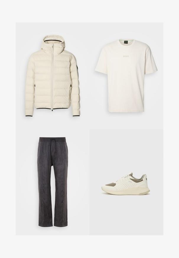 Padded jacket in cream with a zip front and hood. Features a smooth texture and elastic cuffs, with two side pockets and discreet branding.; BOSS TEE - Basic T-shirt - open white; Black pants made of soft fabric with a smooth texture, featuring an elastic waistband and drawstring, wide legs, and side seams.; White and light beige athletic sneaker, featuring a mesh upper, perforated detailing, and a textured midsole with branding on the heel.